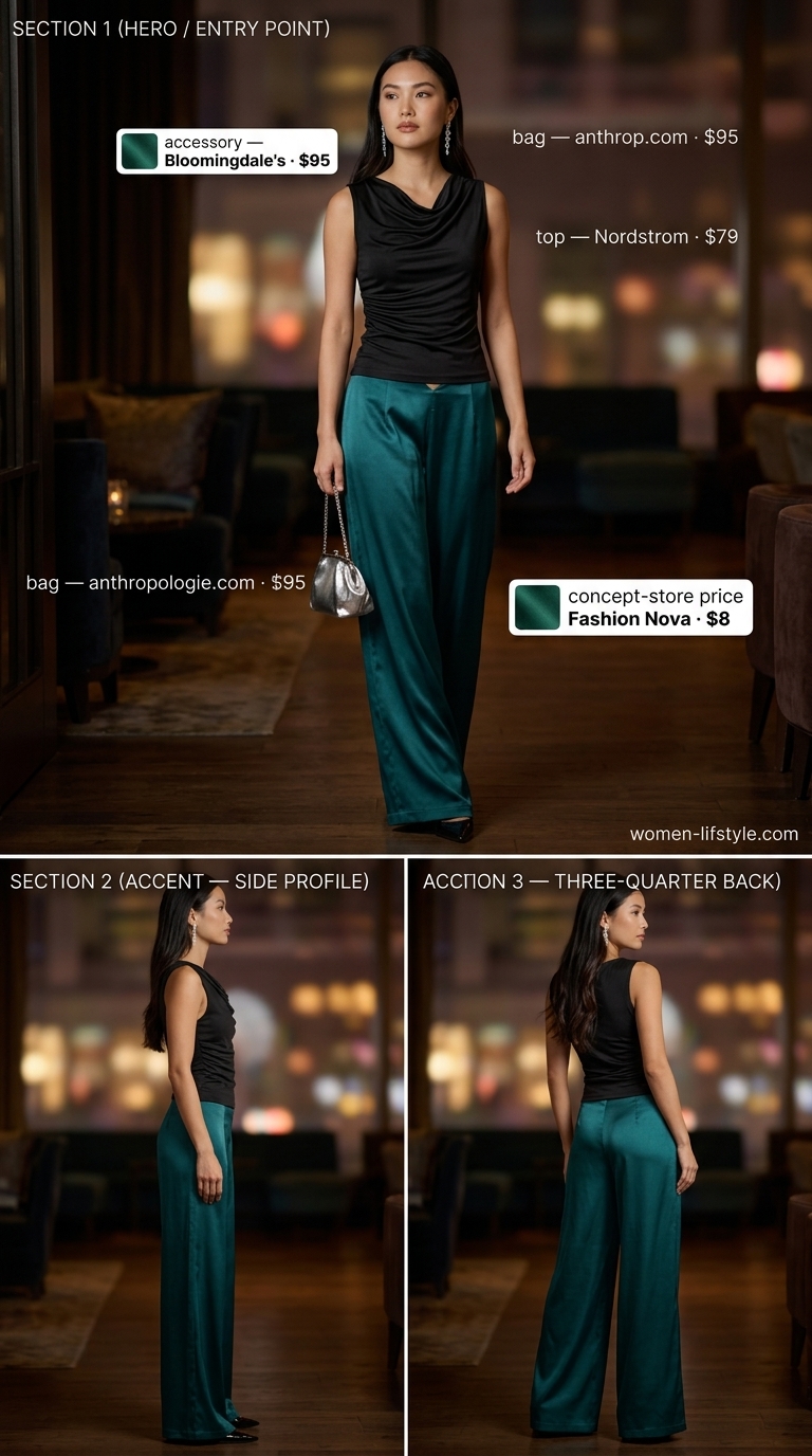 Midnight Oasis Elegance: Summer Pants for Women 2026 Deep teal satin wide-leg pants, a black cowl neck camisole, and silver strappy heels for summer pants for women 2026 evening.