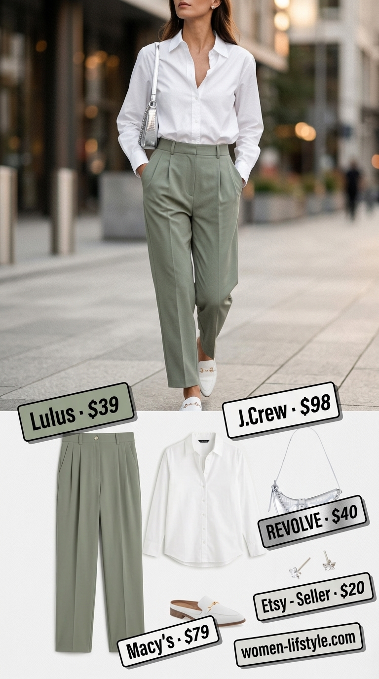 City Chic Commute Outfits 2026 City Chic Commute outfit with mint green tailored trousers, white shirt, and silver flats. Summer pants for women 2026.