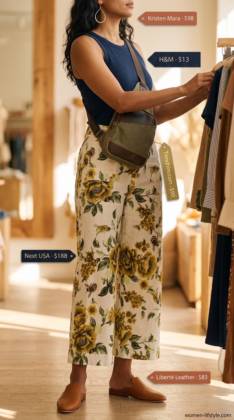 Creative Cafe Day Outfits 2026 Creative Cafe Day outfit with navy abstract print pants, mustard tank, and crossbody bag. Summer pants for women 2026.