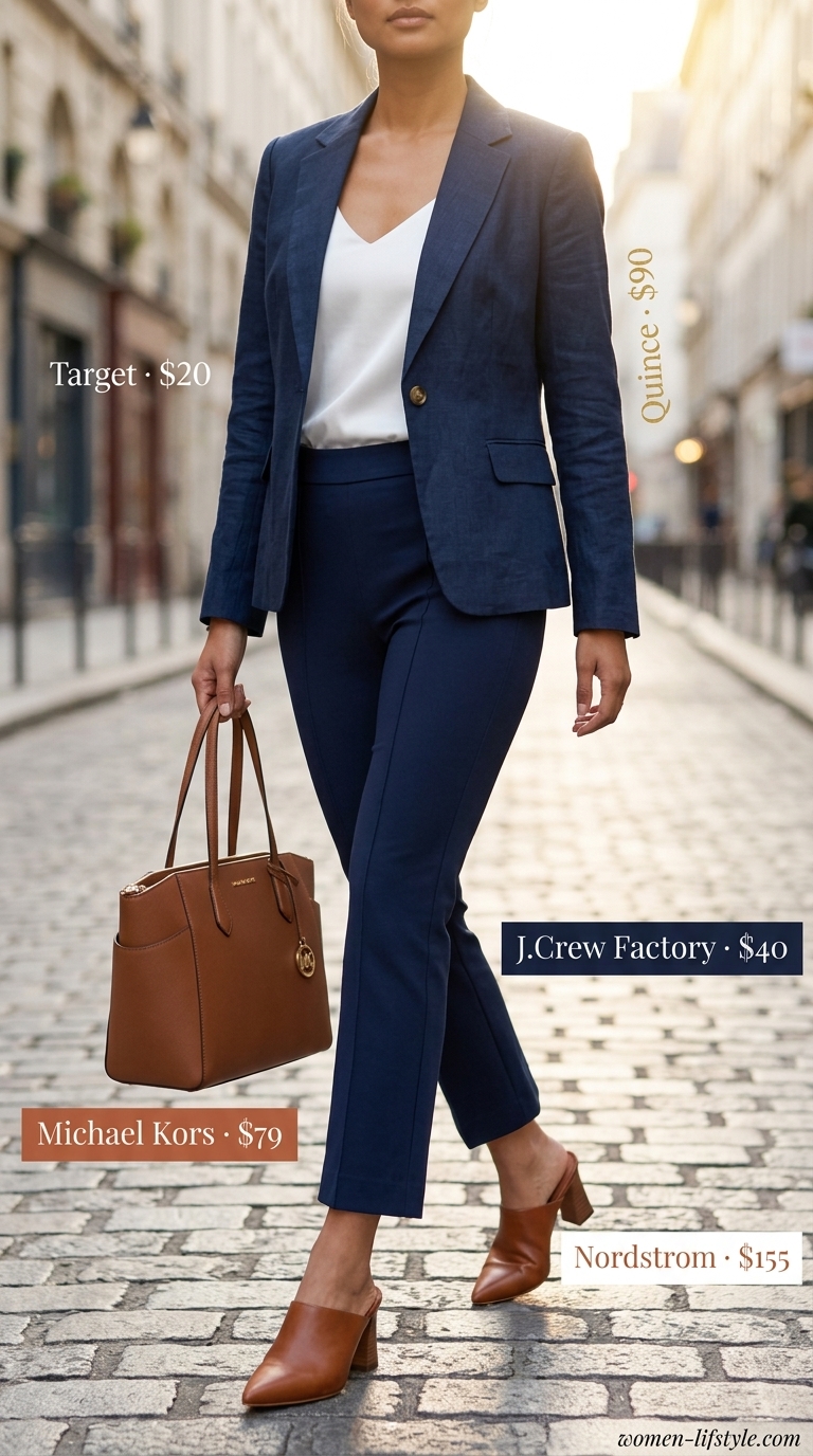 Urban Summer Power Outfits 2026 Urban Summer Power outfit with navy tailored trousers, white camisole, and blazer. Summer pants for women 2026.