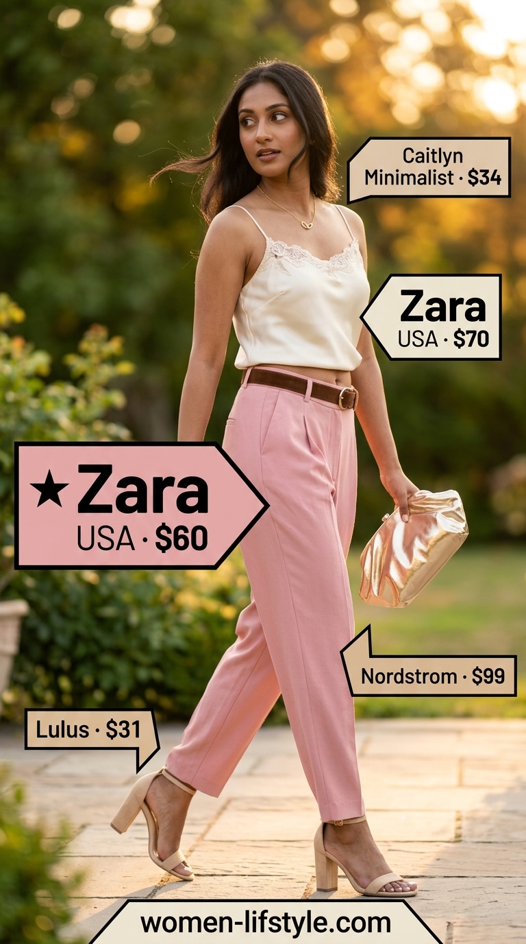 Garden Party Outfits 2026 Garden Party Elegance outfit with pink wide-leg trousers, cream camisole, and gold clutch. Summer pants for women 2026.