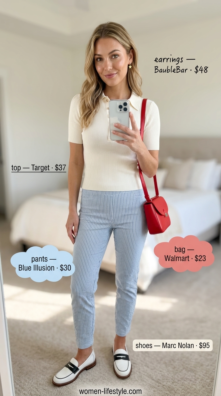 Preppy Summer Pants for Women 2026: Yacht Club Style Preppy summer pants for women 2026: Navy stripe seersucker trousers with white polo & red bag for yacht club.