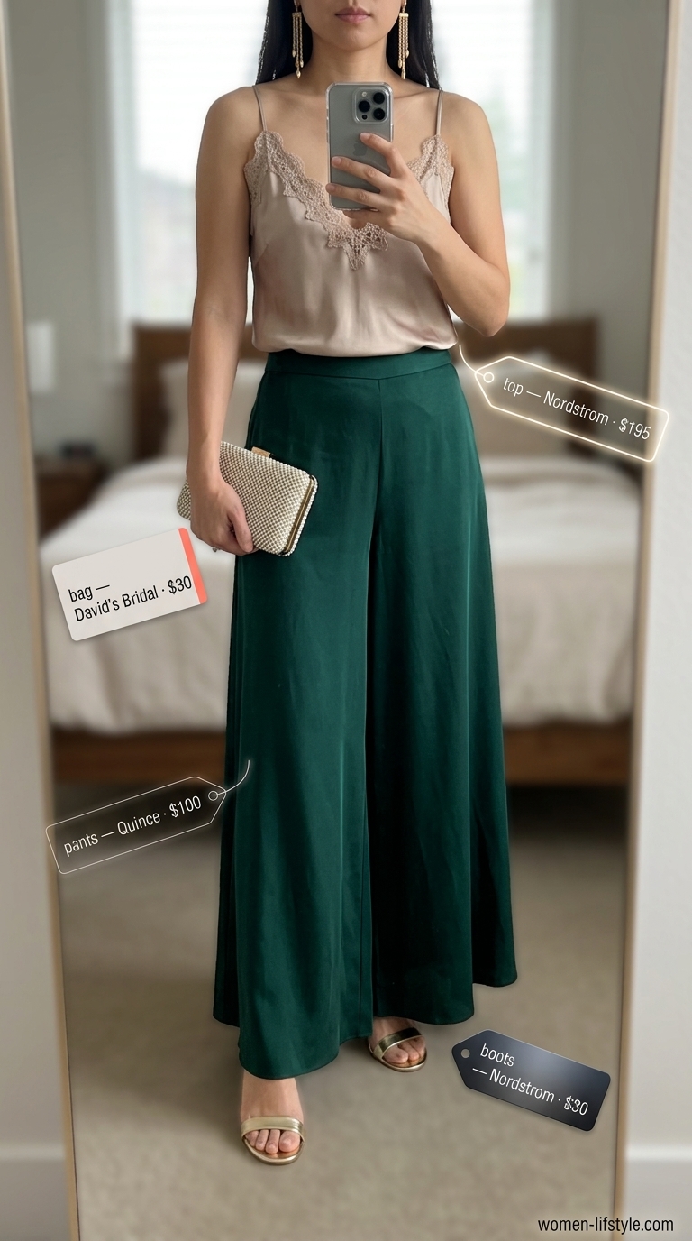 Glamorous Summer Pants for Women 2026: Resort Evening Glamorous summer pants for women 2026: Emerald green silk trousers with gold heels & nude cami for resort.