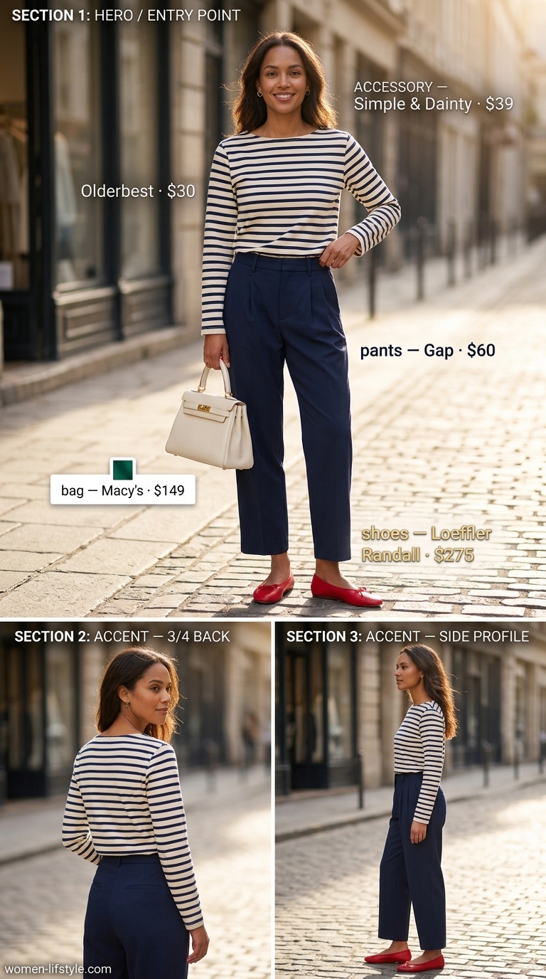 Riviera Rendezvous: Summer Pants for Women 2026 Navy tapered ankle pants, a Breton stripe top, and red ballet flats for summer pants for women 2026 vacation style.