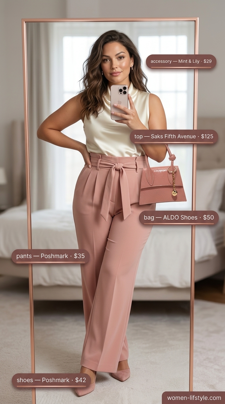 Soft Romantic Soiree: Summer Pants for Women 2026 Blush pink wide-leg paperbag waist trousers, a cream cowl neck blouse, and rose gold accessories for summer pants for women 2026.