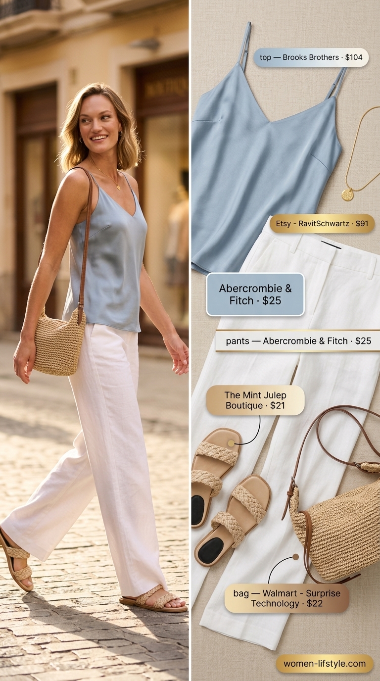 Airy Summer Pants for Women 2026: Seaside Serenity Elegant summer pants for women 2026: White linen blend wide-leg pants with sky blue cami & espadrilles.