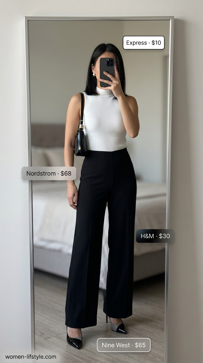 Chic Summer Pants for Women 2026: City Nights Sleek summer pants for women 2026: Black straight-leg trousers with white top & silver accents for evening.