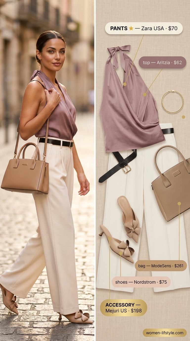 Polished Summer Pants for Women 2026: Office Chic Sophisticated summer pants for women 2026: Cream tailored trousers with peach silk blouse for office.