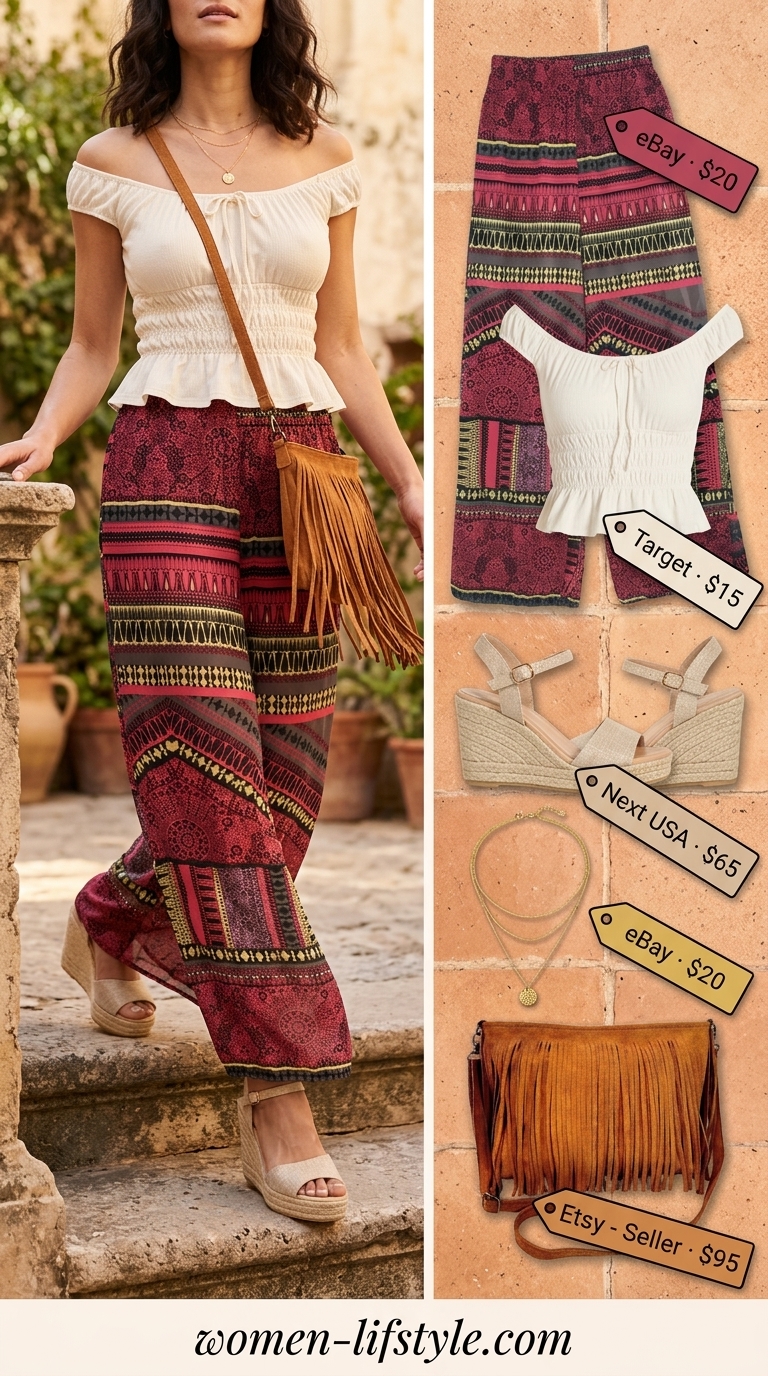 Boho Sunset Soiree Outfits 2026 Boho Sunset Soiree outfit with terracotta palazzo pants, cream crop top, and fringe bag. Summer pants for women 2026.