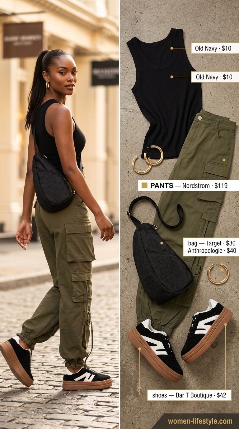 Urban Safari Chic: Summer Pants for Women 2026 Olive green cargo pants, a black tank top, and chunky sneakers for summer pants for women 2026 urban adventures.