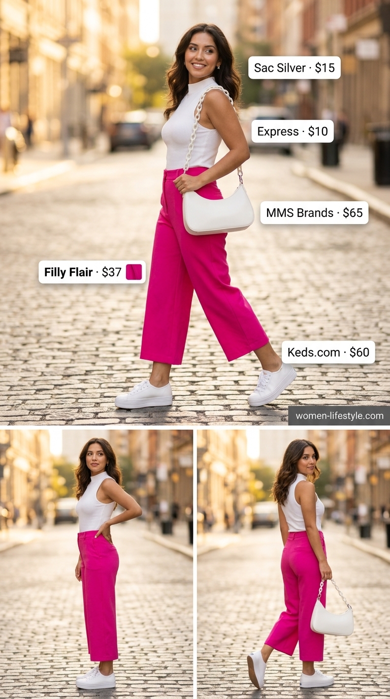 Fun Summer Pants for Women 2026: Vibrant City Vibrant summer pants for women 2026: Fuchsia cropped wide-leg pants with white top & sneakers for city stroll.