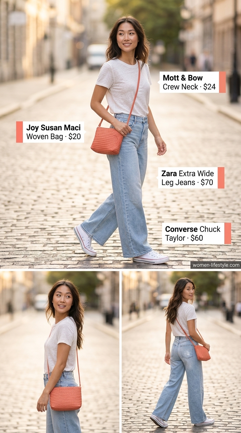 Weekend Blues Refresh: Summer Pants for Women 2026 Light blue wide-leg jeans, a white t-shirt, and coral crossbody bag for summer pants for women 2026 casual.