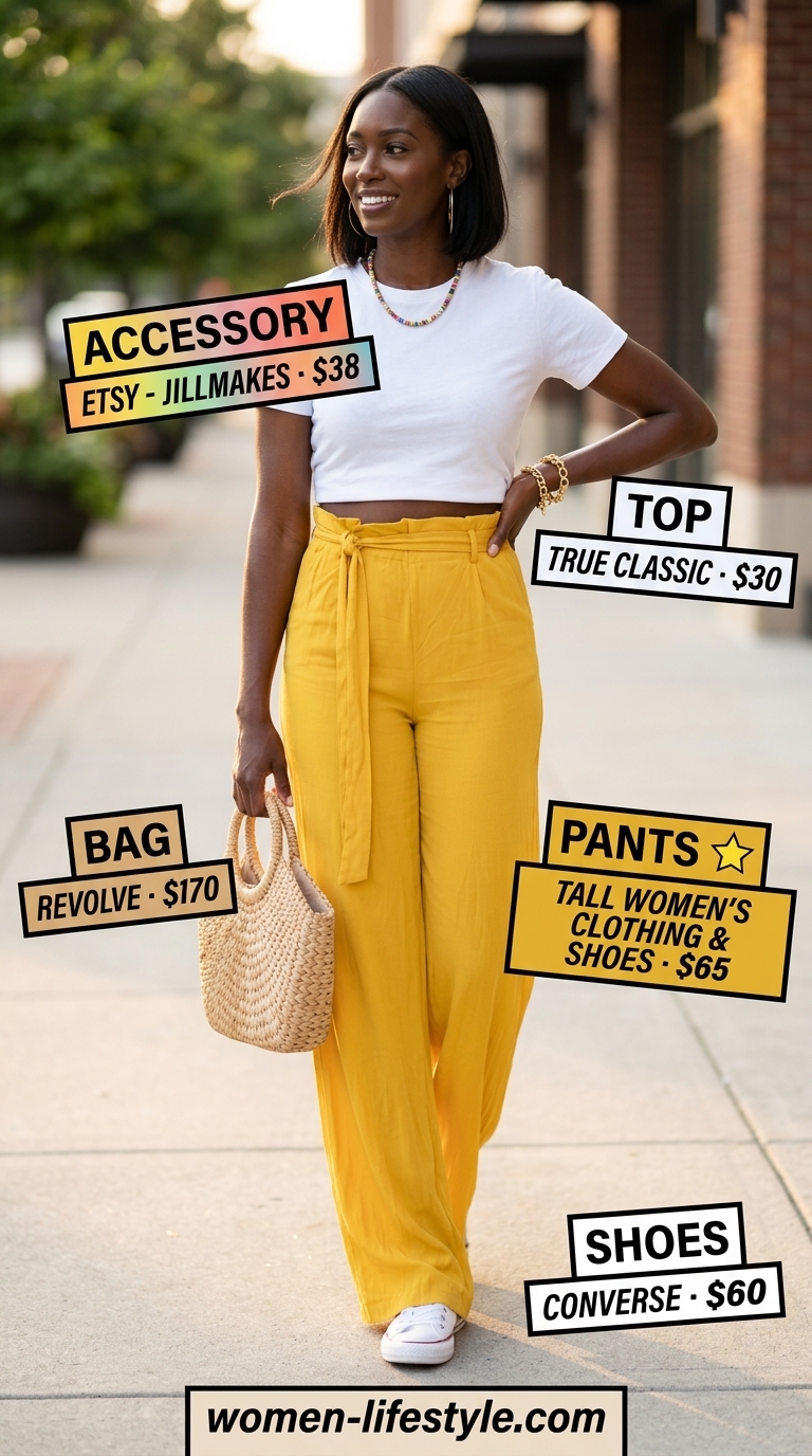 Playful Park Picnic outfit with yellow paperbag pants, white tee, and straw bag. Summer pants for women 2026.