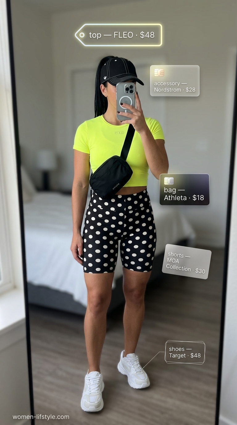 Athleisure park day outfit with black and white polka dot biker shorts, neon yellow cropped tee, and baseball cap.