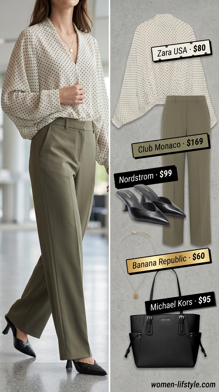 Cream and black polka dot blouse outfit for women 2026, ideal for smart casual office wear.