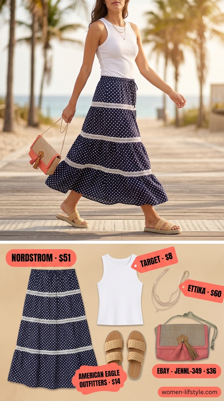 Navy polka dot maxi skirt with a white tank and coral bag for a boho beach outfit.