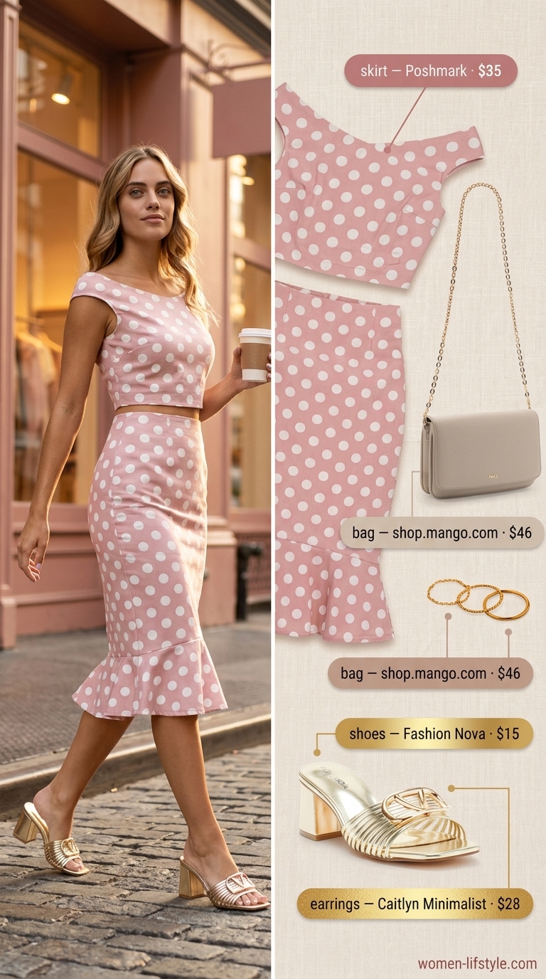Playful brunch date outfit with a blush pink polka dot crop top and midi skirt set, gold rings, and mules.