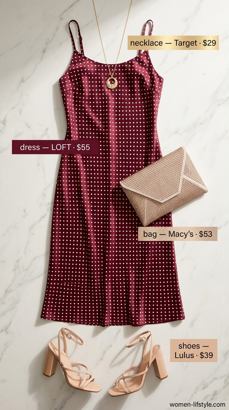 Burgundy polka dot slip dress with gold accessories for a glamorous date night outfit.