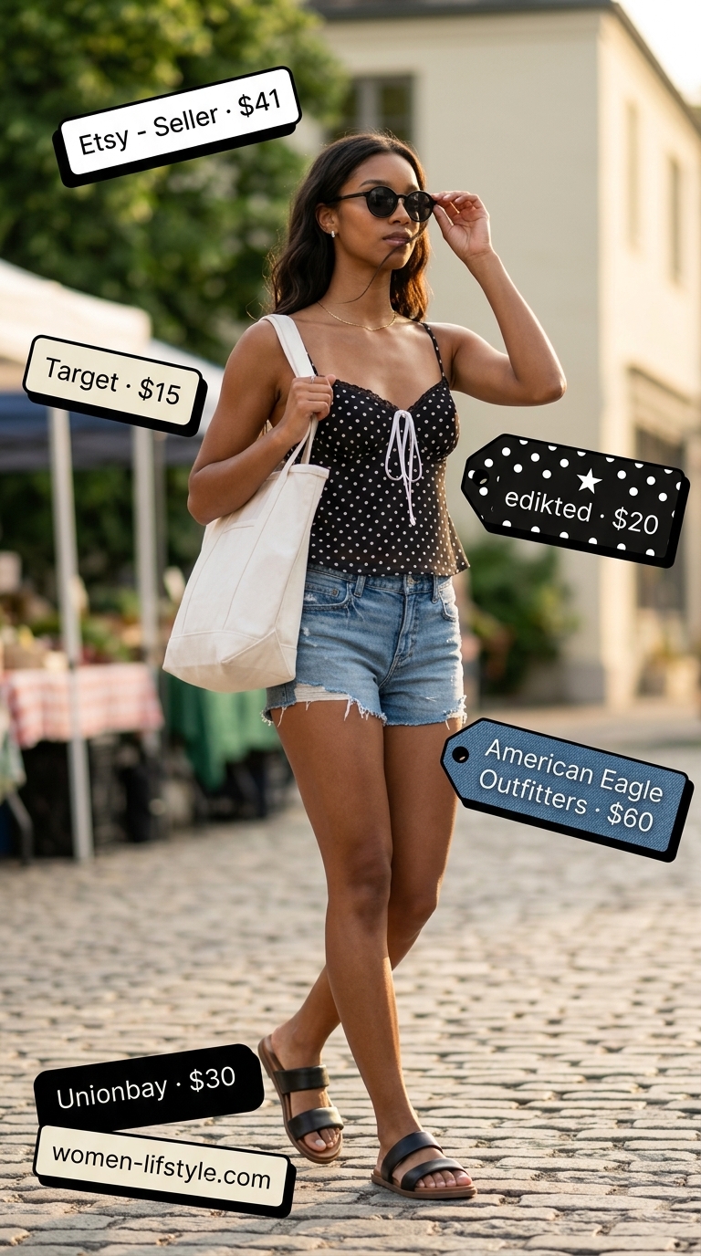 White polka dot crop top with denim shorts for a cute casual summer outfit.