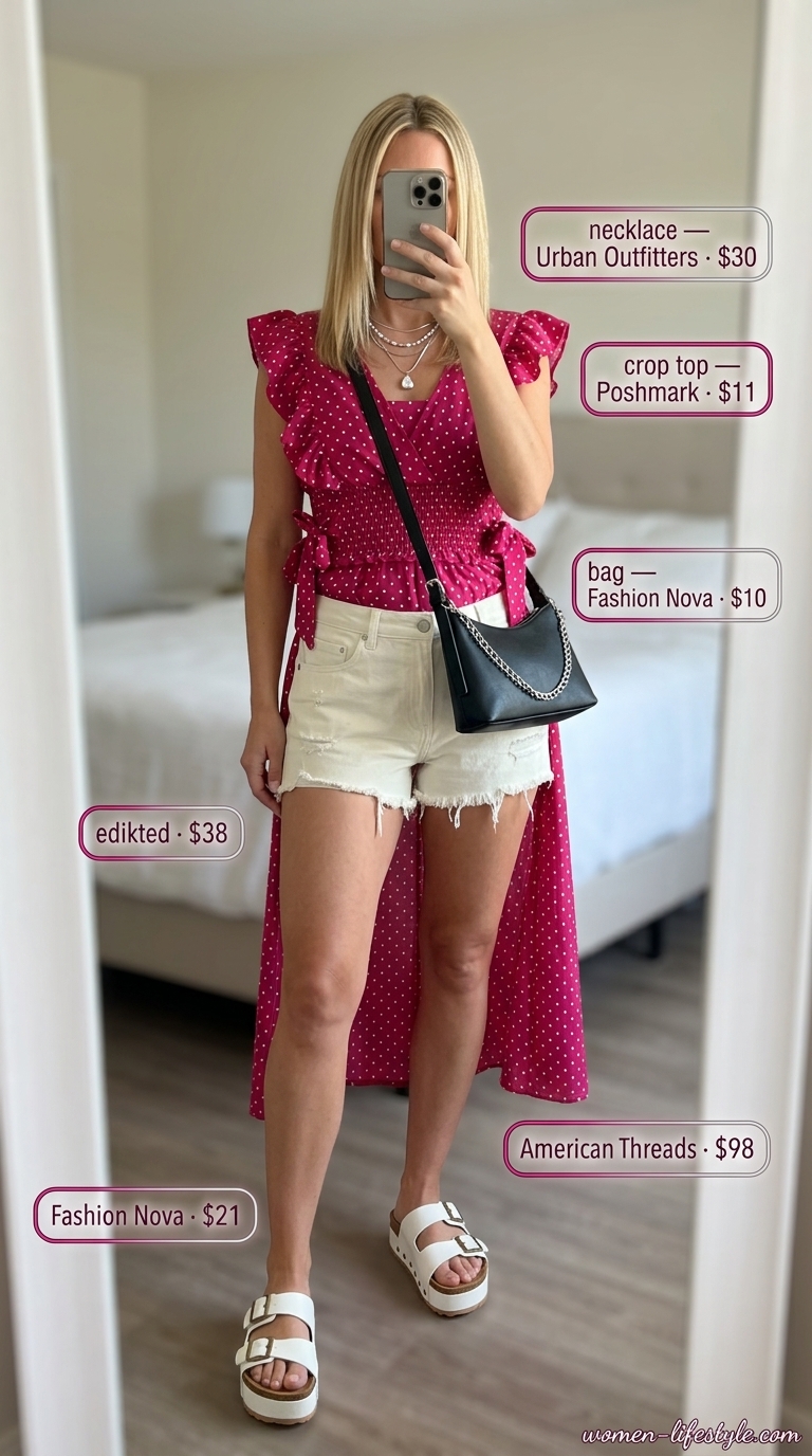 Fuchsia polka dot crop top with white denim shorts for a fun festival outfit.