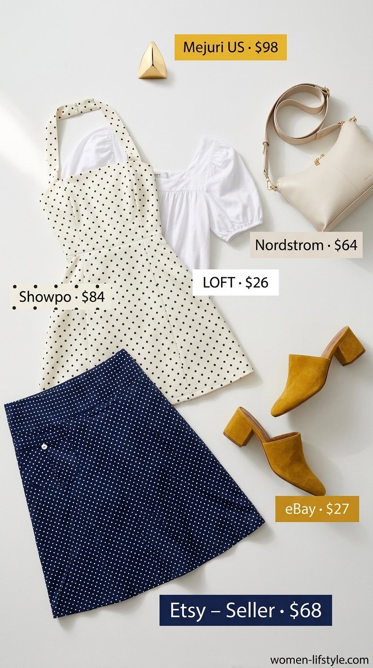 Chic navy polka dot mini skirt outfit for women 2026, perfect for art gallery openings and upscale lunches.