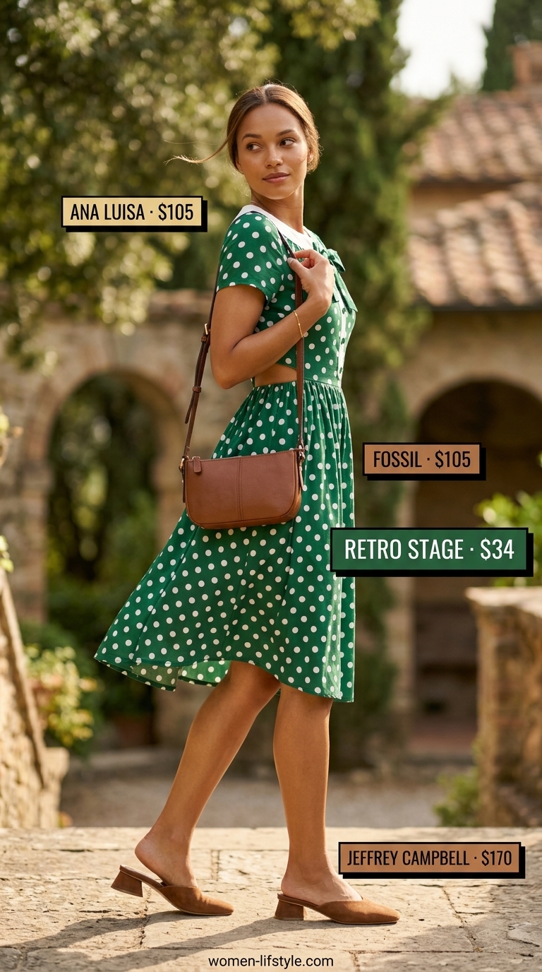 Emerald green polka dot midi dress with tan accessories for a sophisticated garden party outfit.