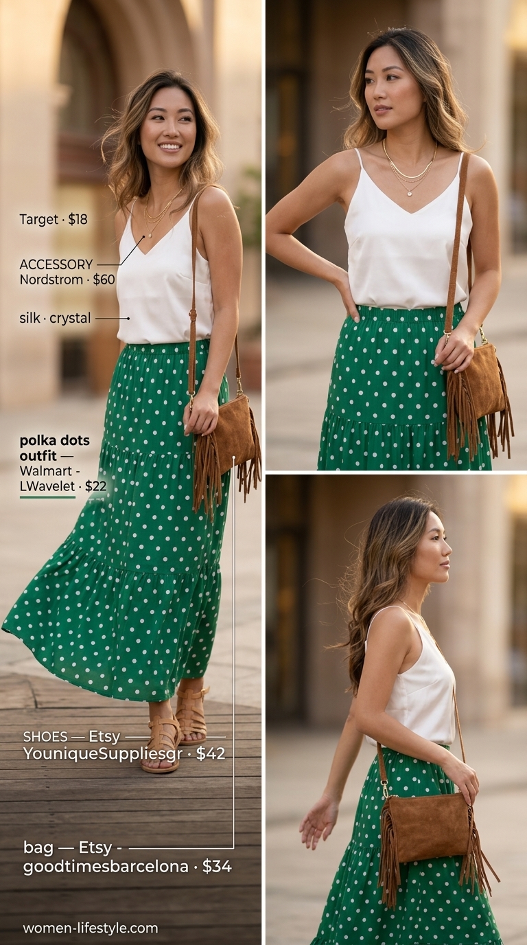 Emerald green polka dot maxi skirt outfit for women 2026, perfect for garden parties and festivals.