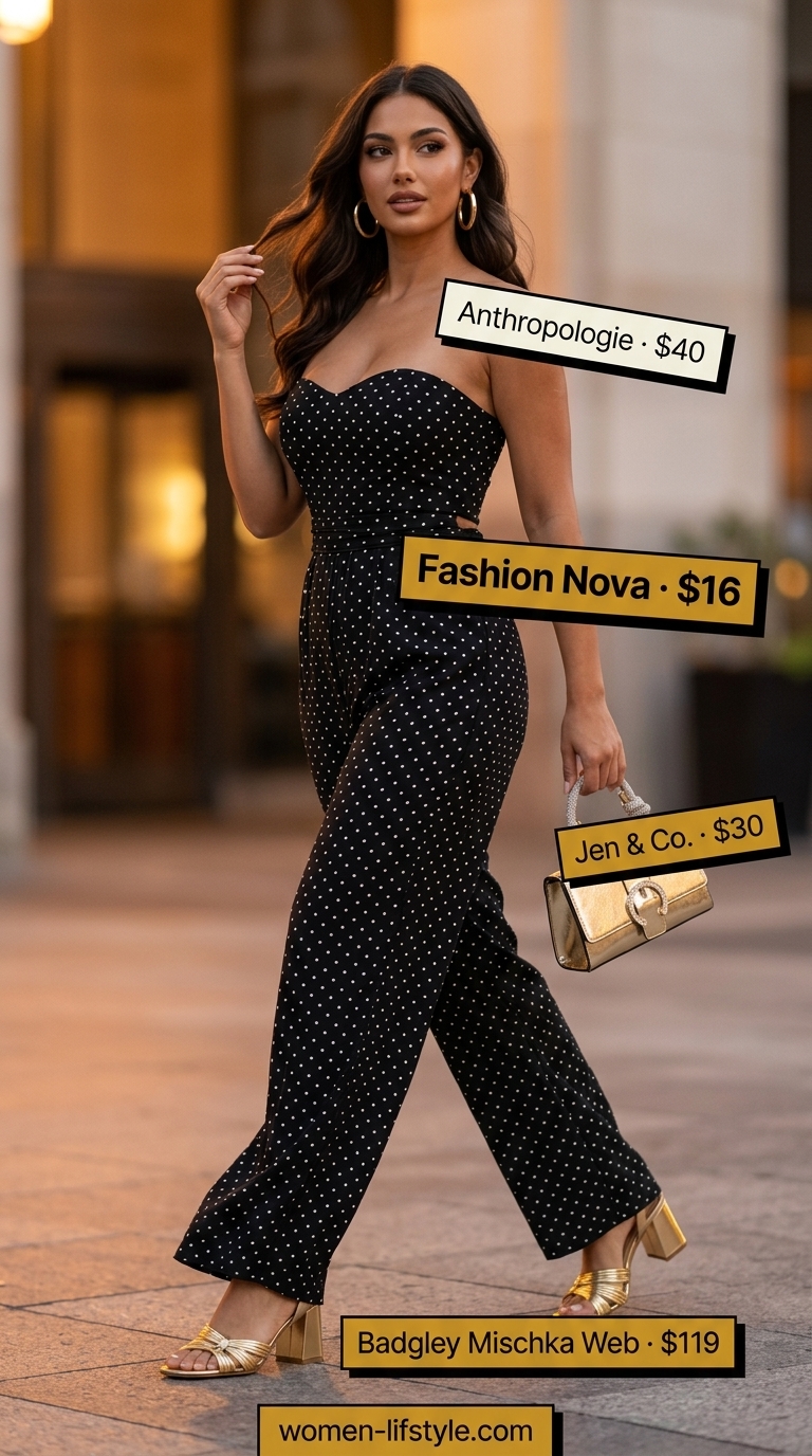 Glamorous jet set outfit with a black and white polka dot wide-leg jumpsuit, gold sandals, and gold clutch.