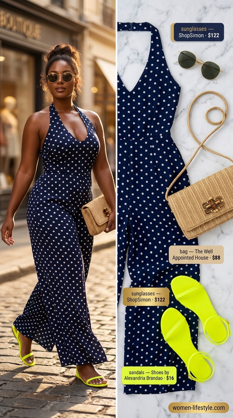 Navy and white polka dot wide-leg jumpsuit outfit for women 2026, perfect for resort dinners and evening events.