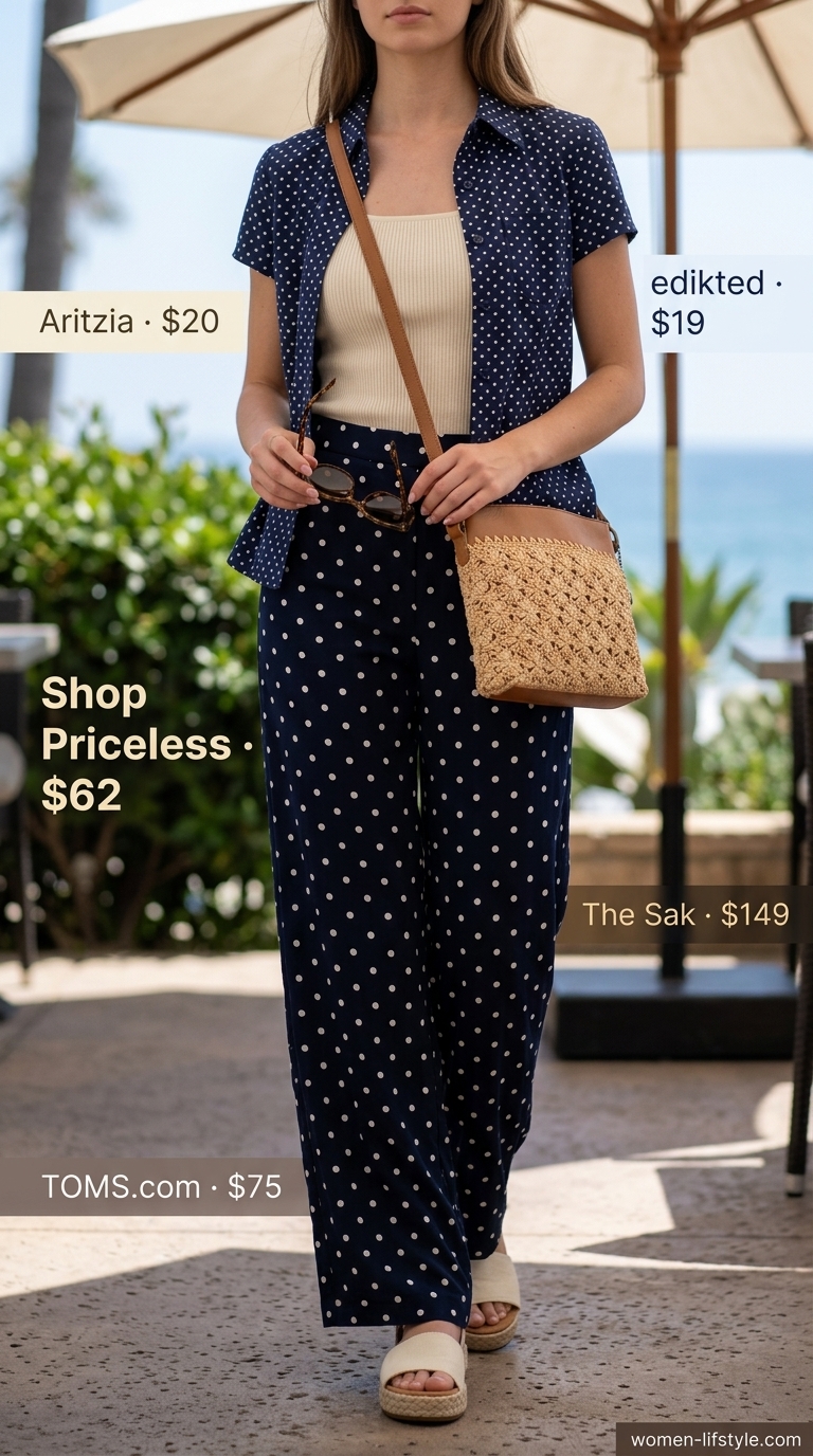 Navy polka dot linen pants with a cream tank for a relaxed seaside brunch outfit.