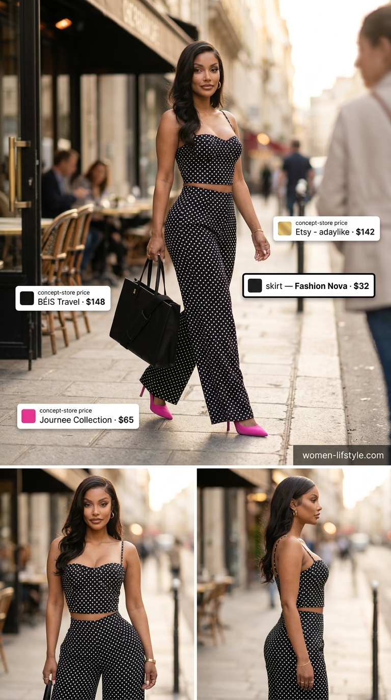 Black and white polka dot matching set outfit for women 2026, perfect for power brunches and networking events.