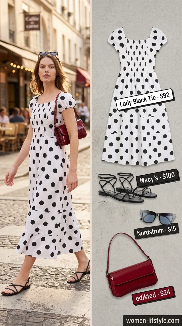 Flowy black and white polka dot midi dress outfit for women 2026, perfect for summer brunch and resort wear.