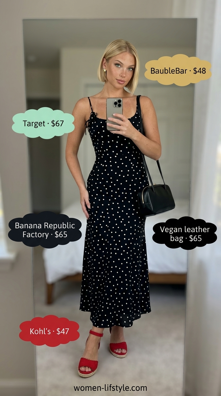 Black and white polka dot midi dress outfit for women 2026, perfect for seaside strolls and daytime lunches.