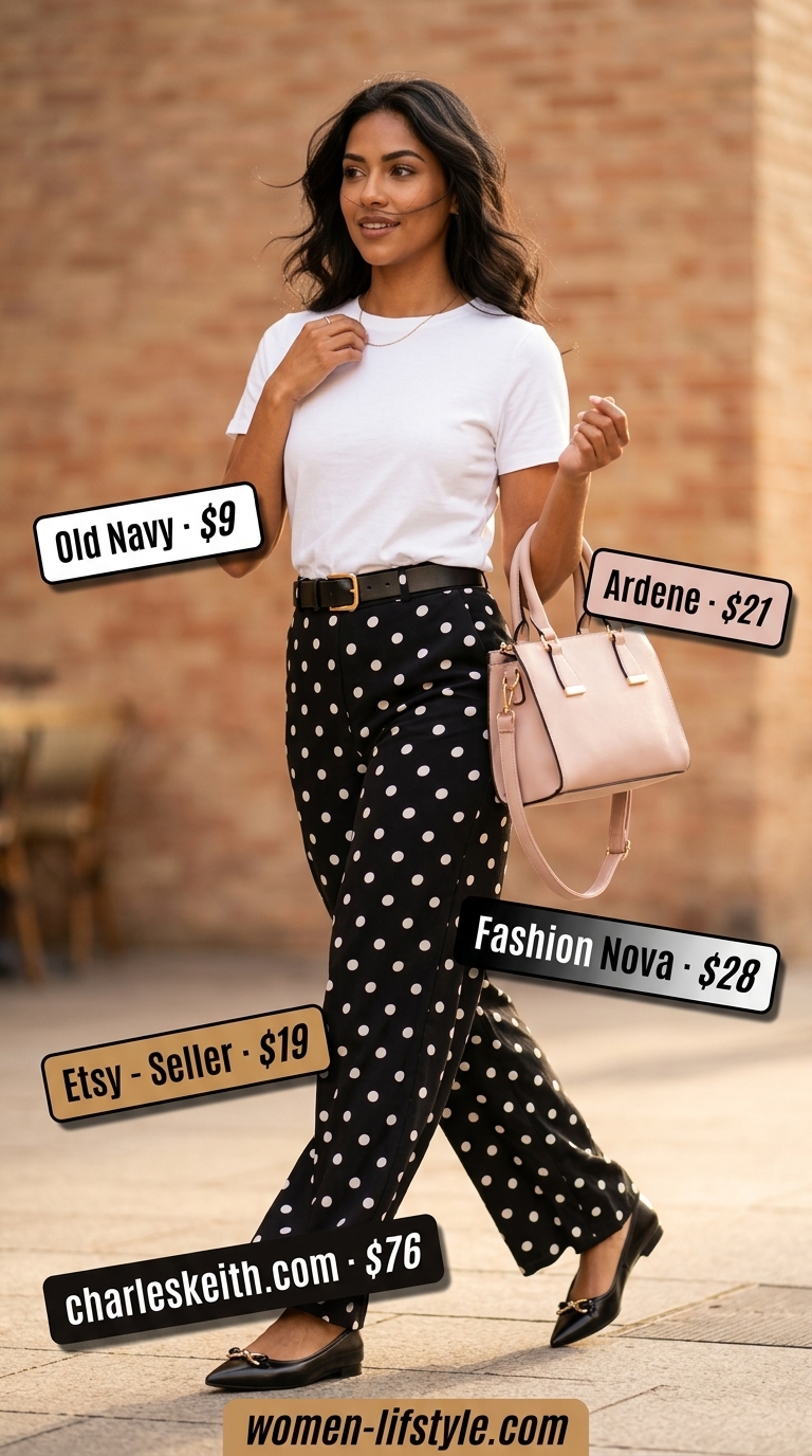 Chic Parisian cafe outfit with black polka dot cropped trousers, white tee, blush pink bag, and black ballet flats.