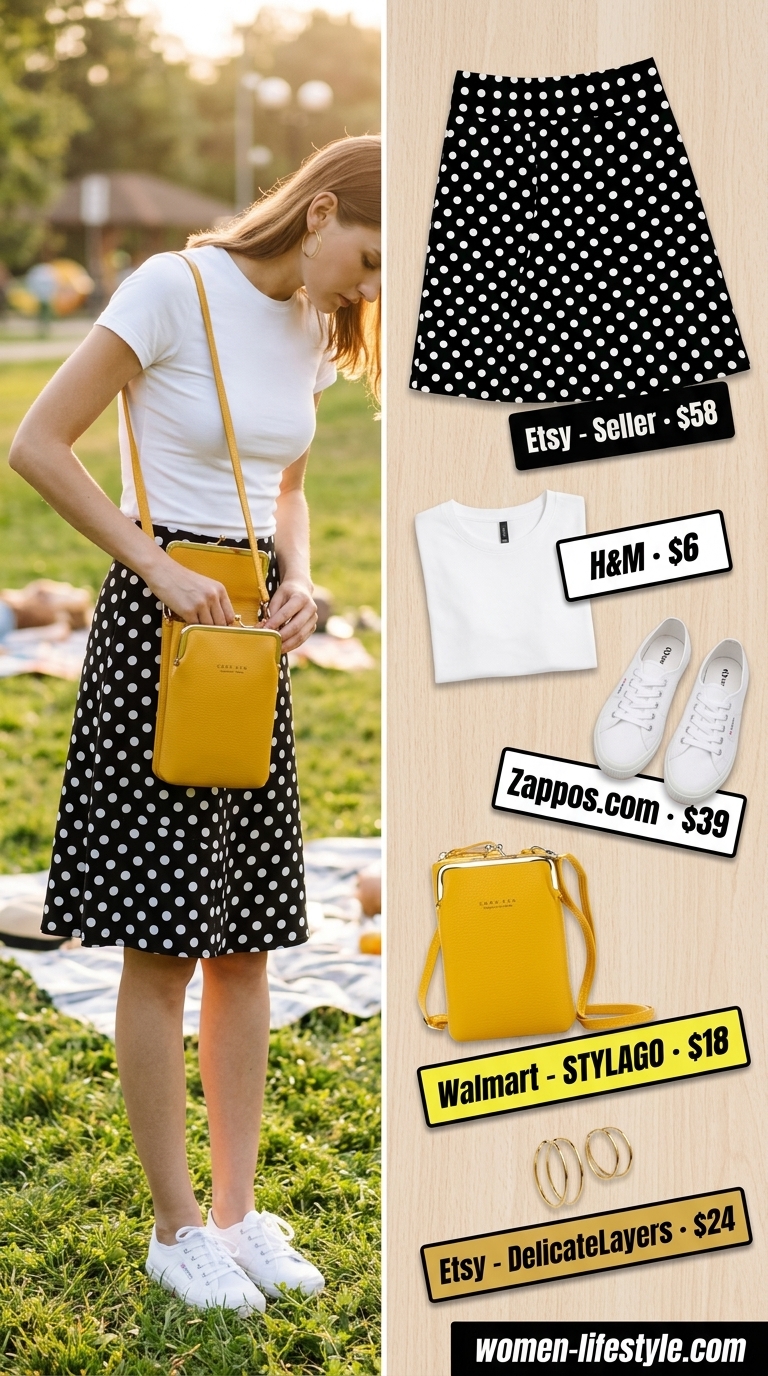 Playful park picnic outfit with black and white polka dot skirt, white tee, lemon yellow crossbody bag.