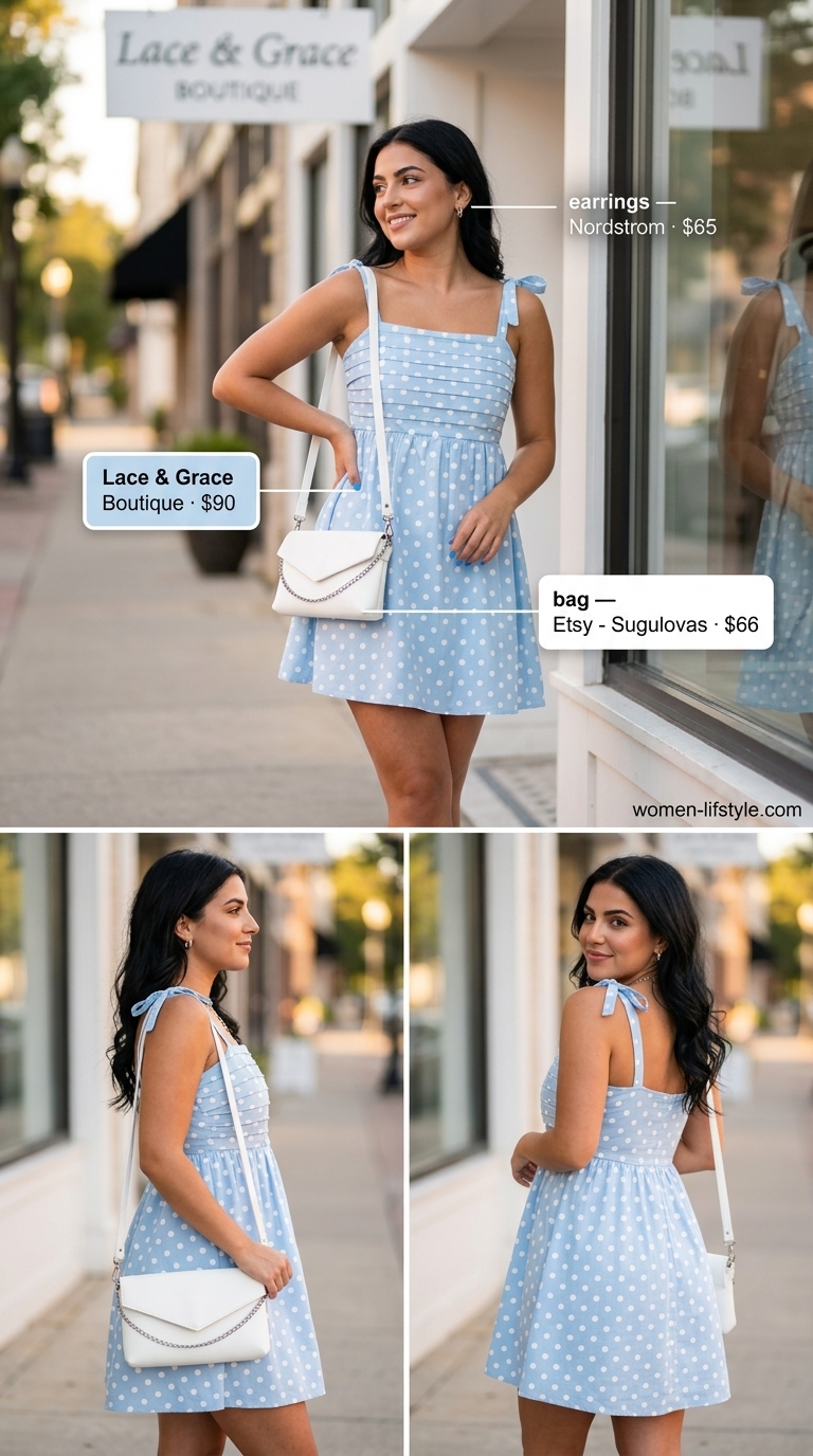 Sky blue polka dot shift dress outfit for women 2026, perfect for casual days and shopping trips.