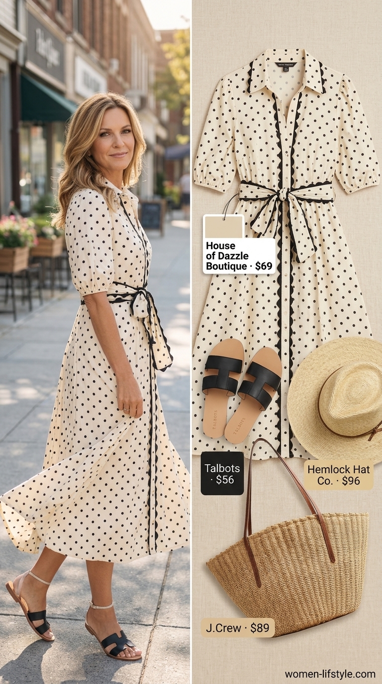 Beige polka dot utility shirt dress with black accents for an urban chic look.