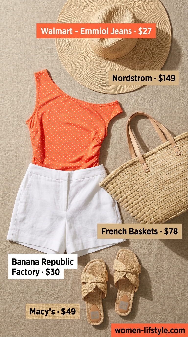 Coral orange polka dot off-shoulder top outfit for women 2026, perfect for beach vacations and tropical getaways.