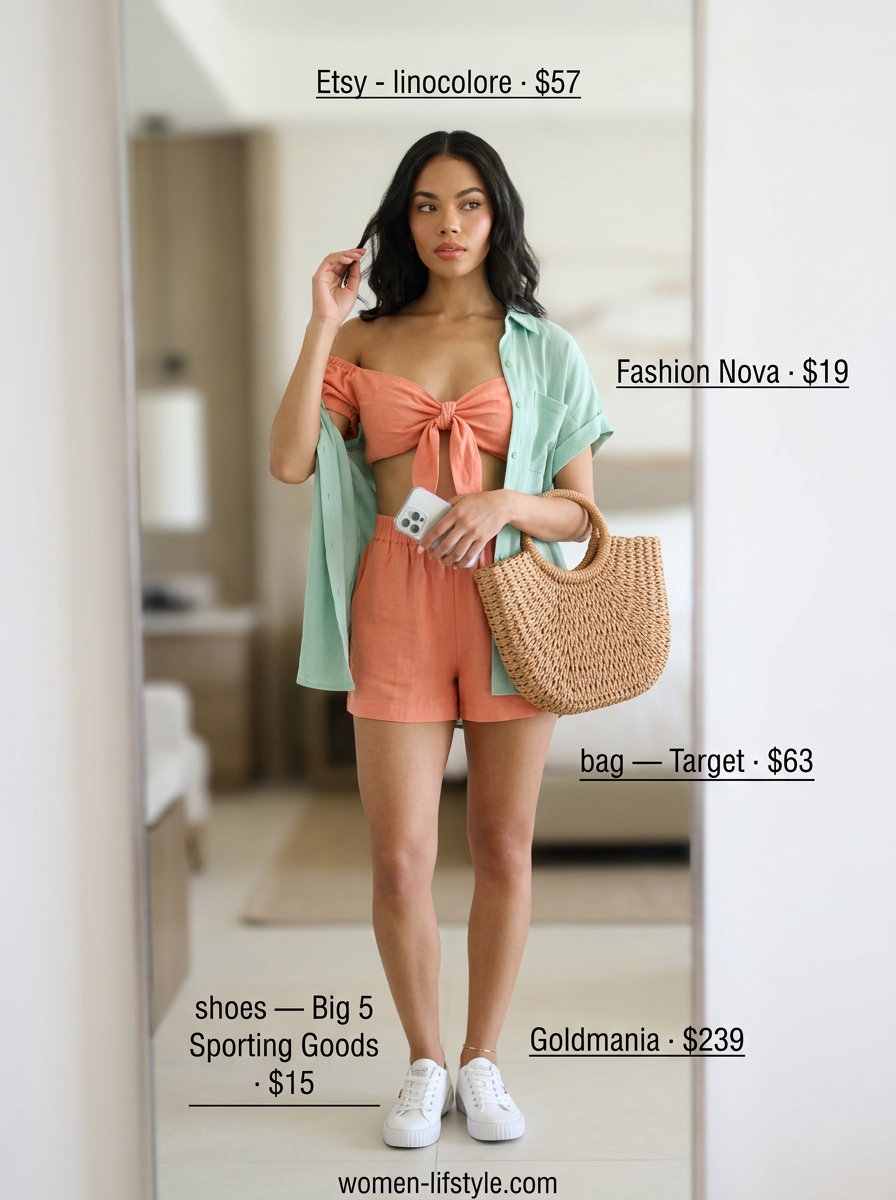 Relaxed summer sailing boat outfit for women 2026: Coral two-piece set, straw tote, sneakers, and anklet.