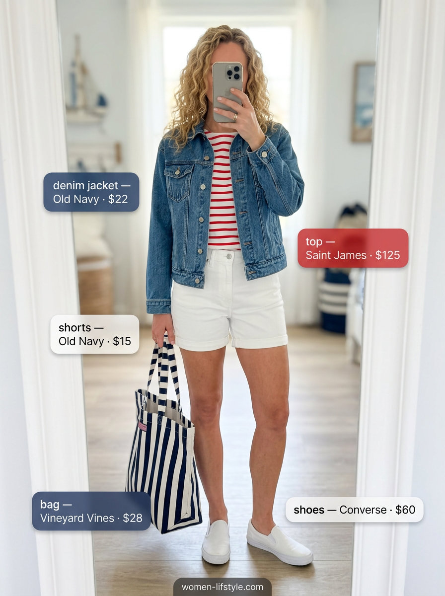 Casual summer sailing boat outfit for women 2026: Denim jacket, white shorts, striped tee, and sneakers.