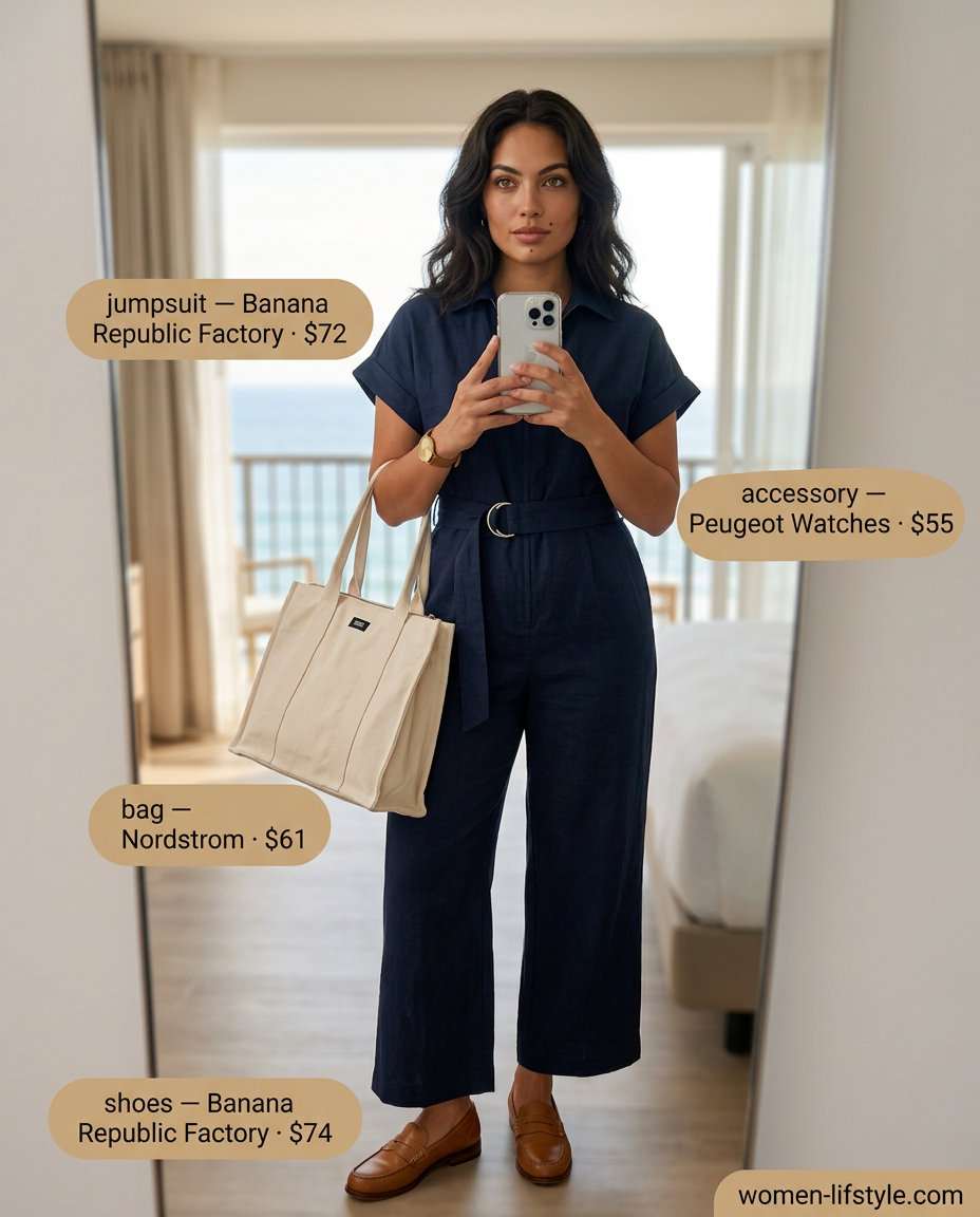 Chic summer sailing boat outfit for women 2026: Navy utility jumpsuit, canvas tote, and leather loafers.