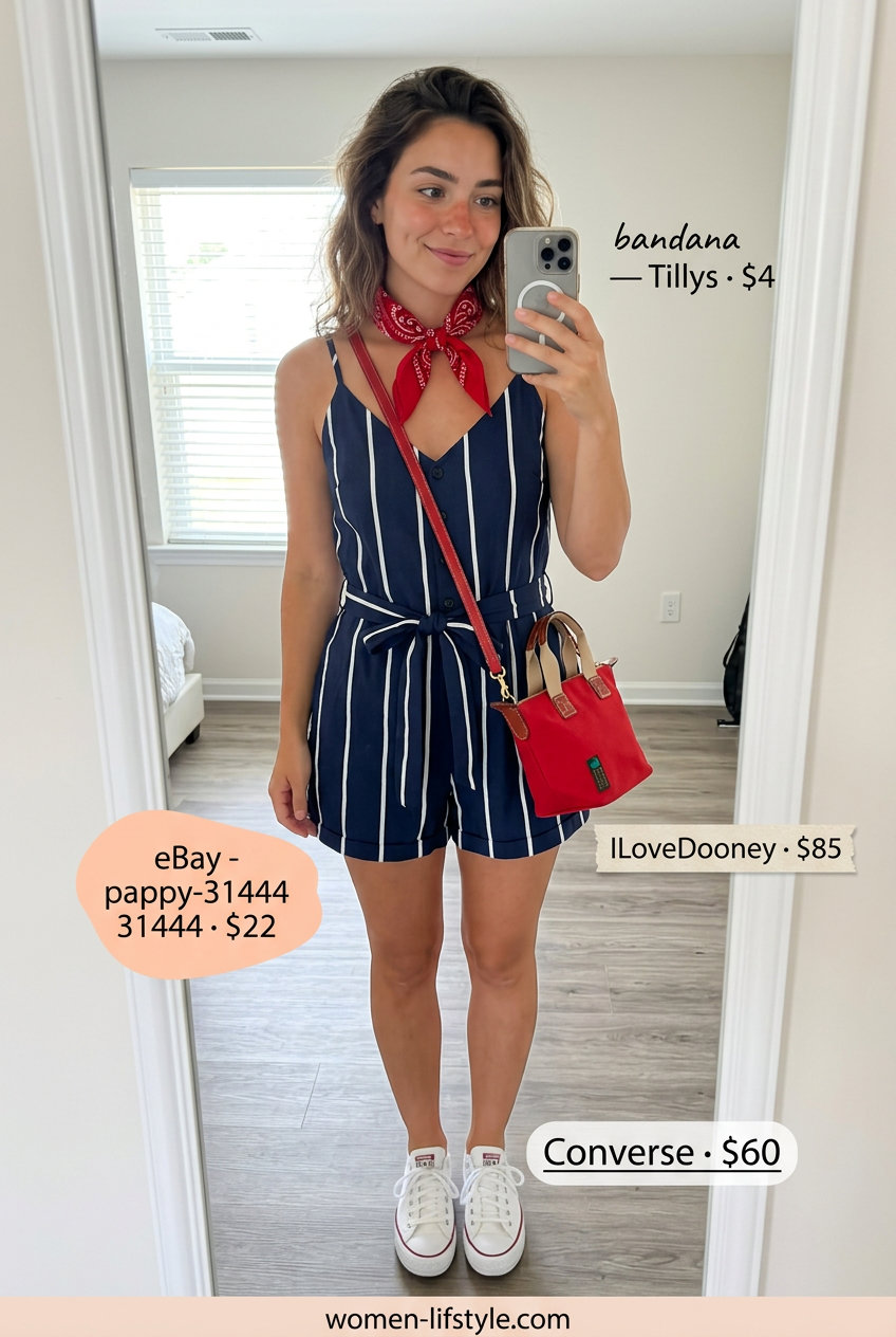Playful summer sailing boat outfit for women 2026: Striped romper, bandana, crossbody bag, and sneakers.
