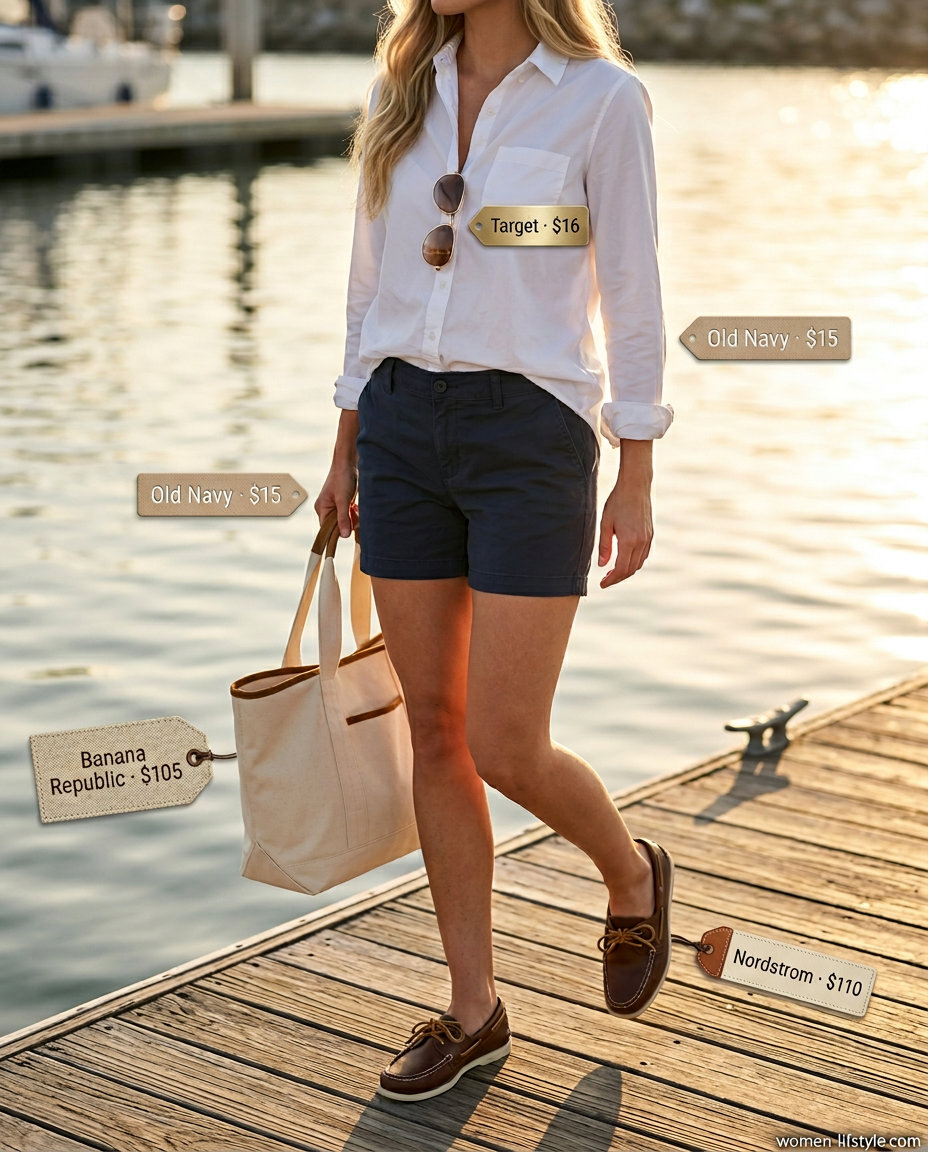 Classic summer sailing boat outfit for women 2026: White button-down, chino shorts, boat shoes, and duffel.