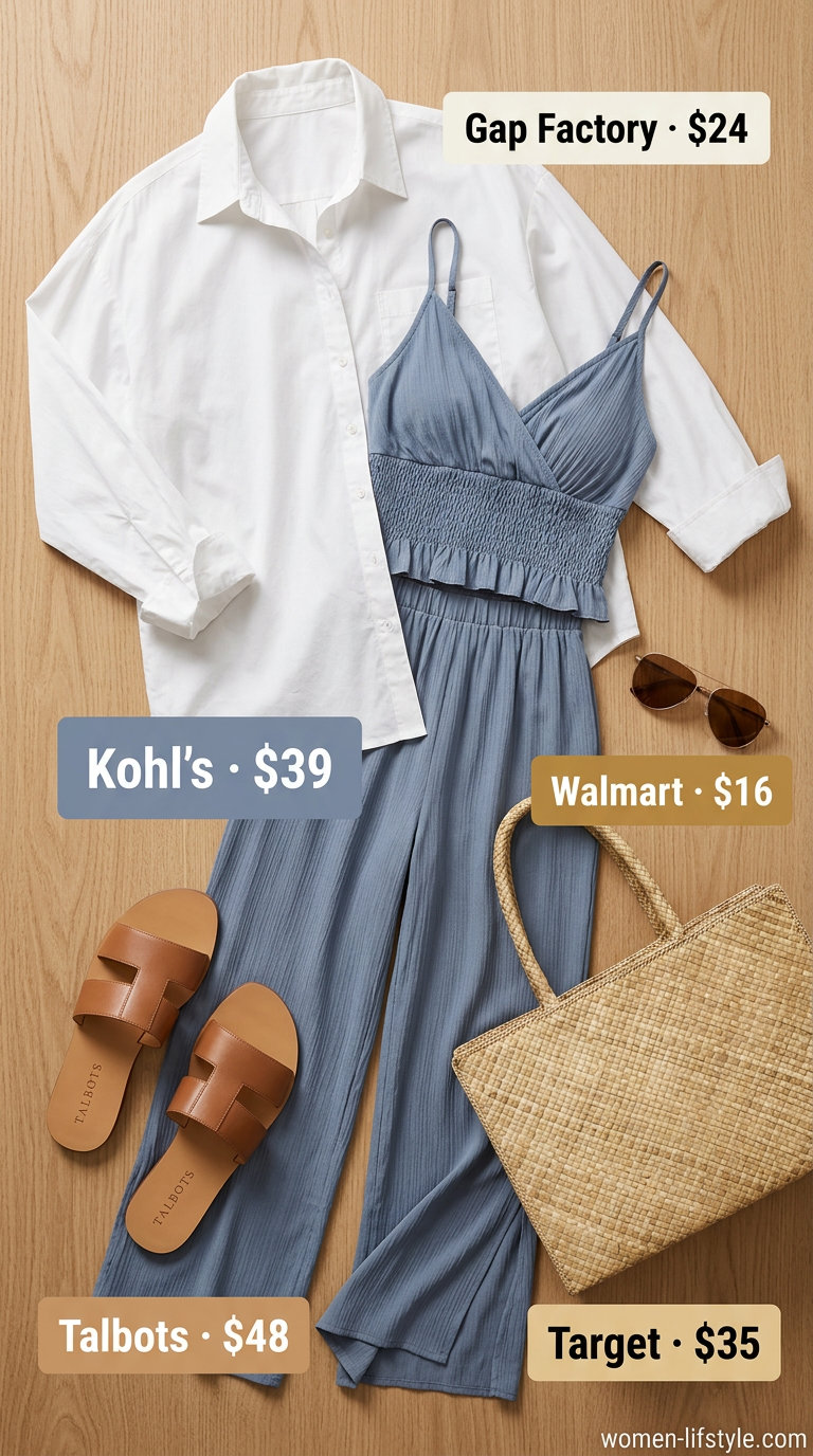 Classic summer sailing boat outfit for women 2026: White button-down, denim shorts, straw tote, and slides.