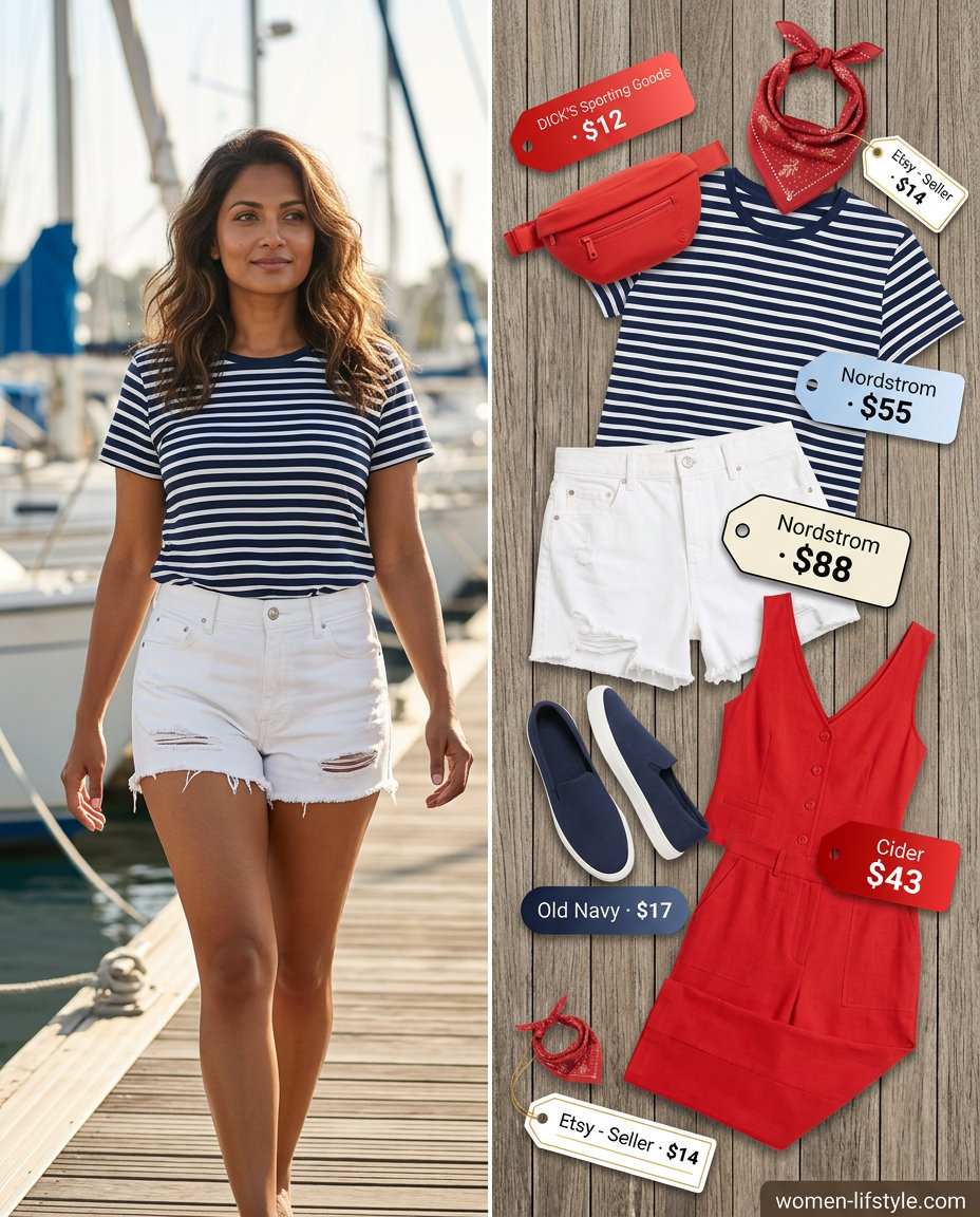 Classic summer sailing boat outfit for women 2026: White shorts, striped tee, canvas belt bag, and sneakers.