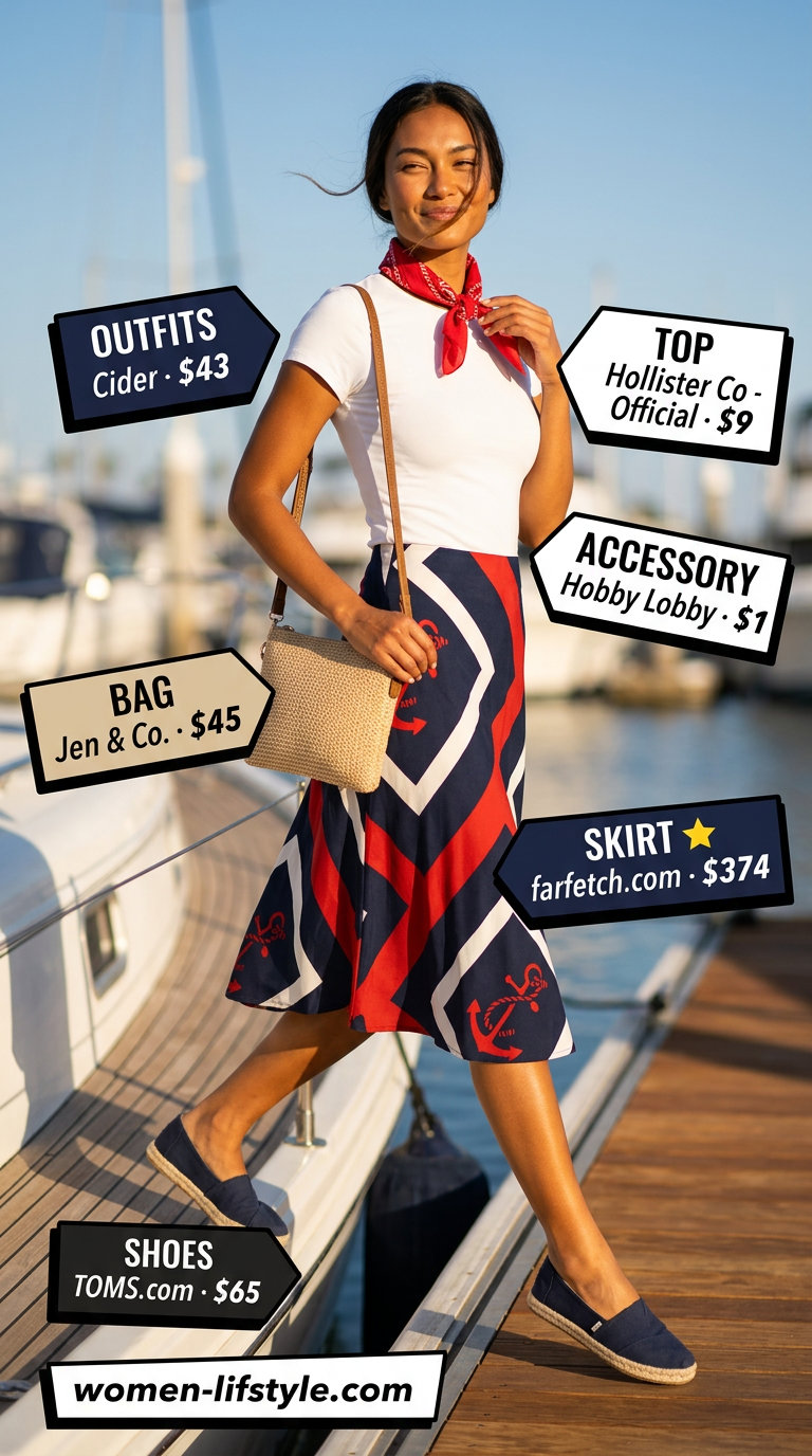Playful navy anchor print midi skirt for summer sailing boat outfits for women 2026. White tee & red bandana.