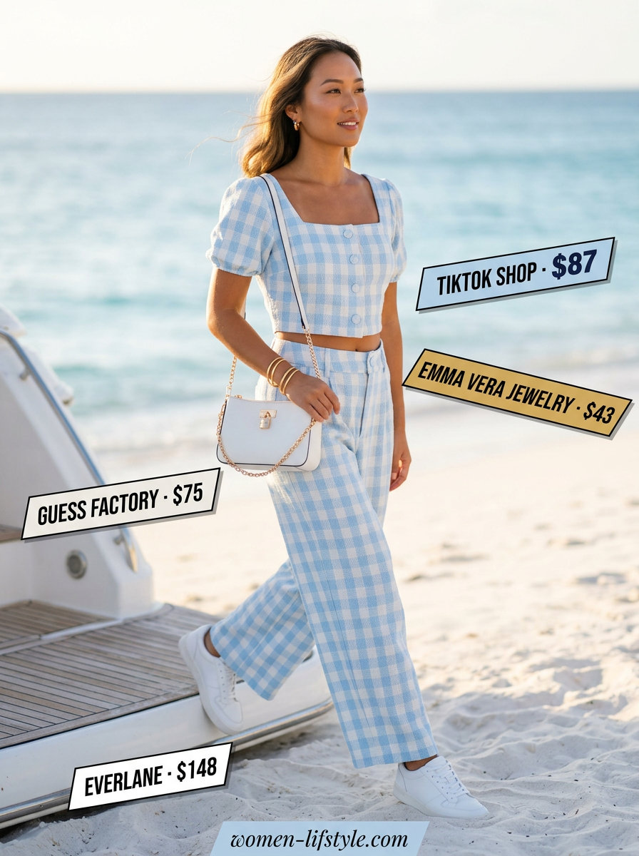 Chic sky blue gingham co-ord set for summer sailing boat outfits for women 2026. White sneakers & gold accessories.