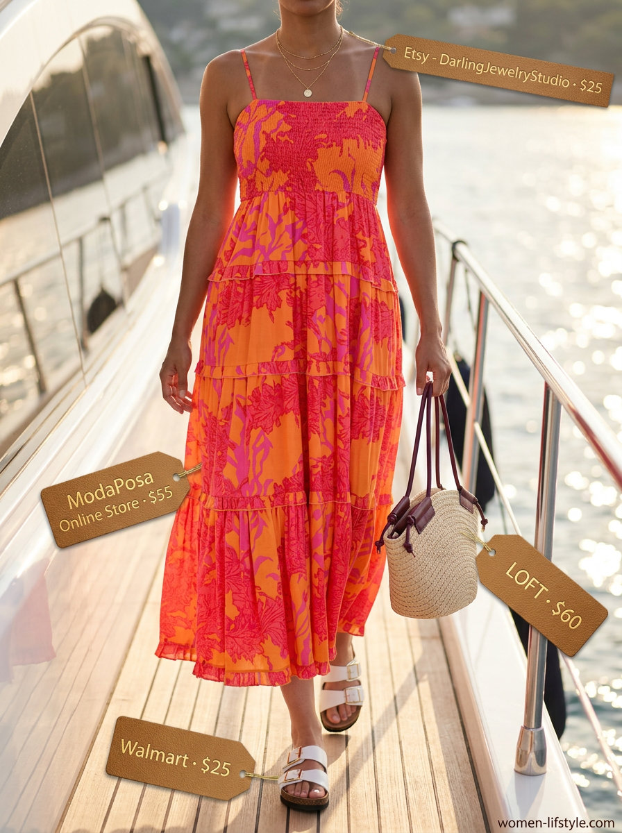 Vibrant coral maxi dress for summer sailing boat outfits for women 2026. Bohemian beach club style.