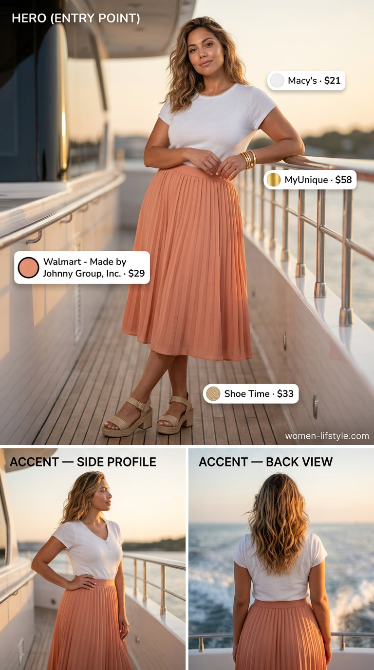 Elegant summer sailing boat outfit for women 2026: coral midi skirt, white knit top, espadrilles, and gold bangles.