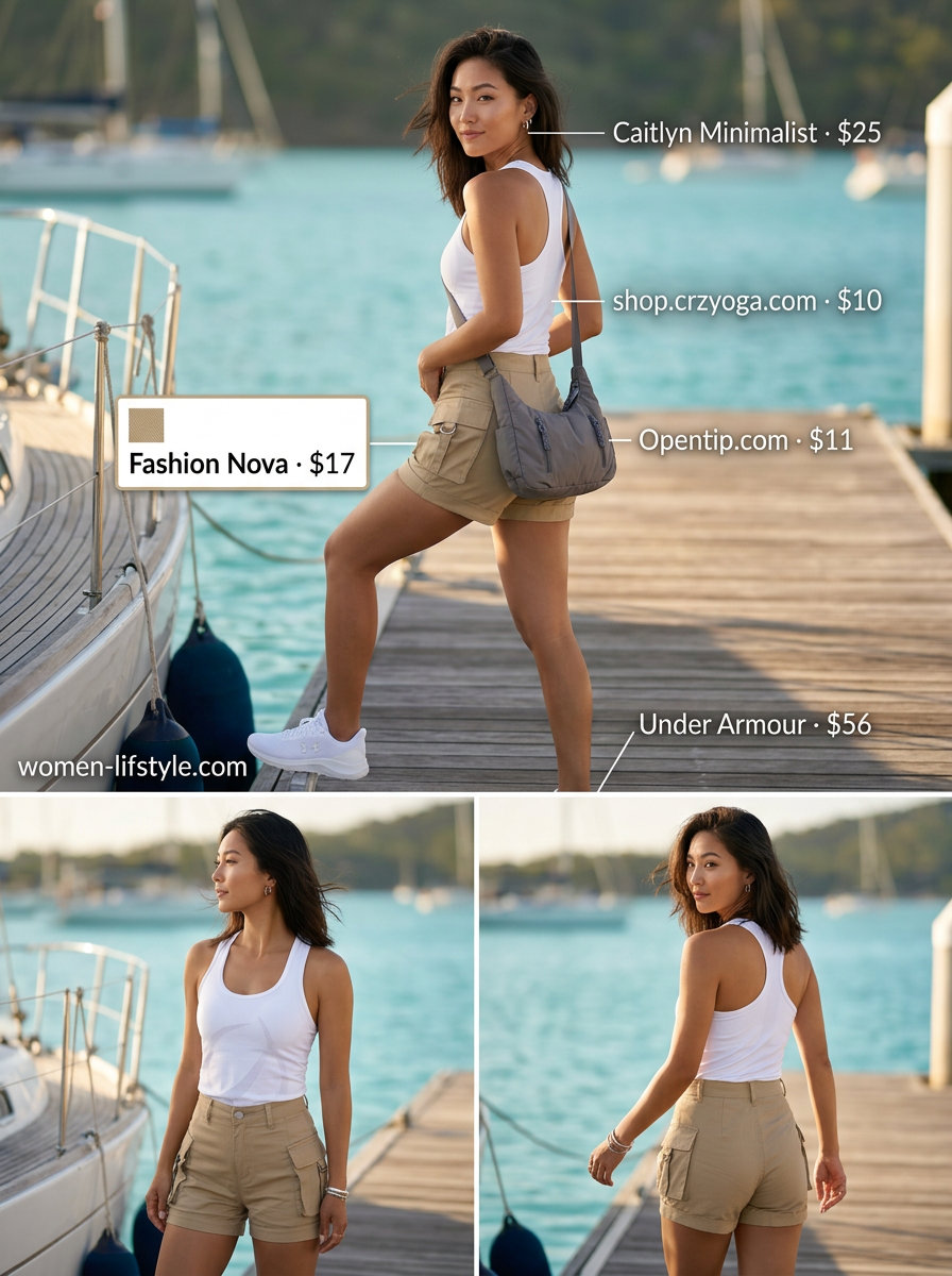 Sporty summer sailing boat outfit for women 2026: khaki cargo shorts, white athletic tank, silver crossbody, and sneakers.